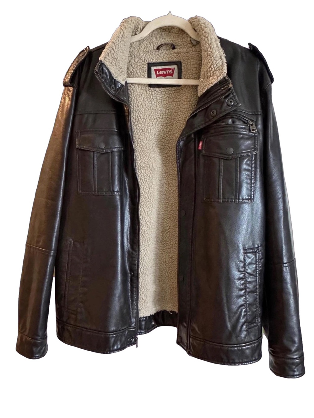Levi's Classic Faux Leather Sherpa Lined Trucker Jacket Mens XL Brown Vegan Moto